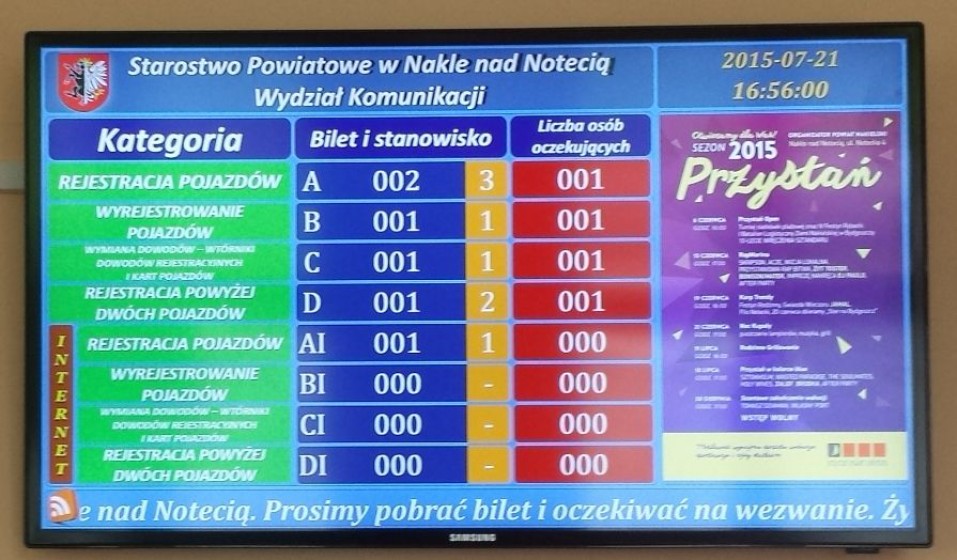 Wyświetlacz główny LCD systemu kolejkowego – Starostwo Powiatowe w Nakle nad Notecią